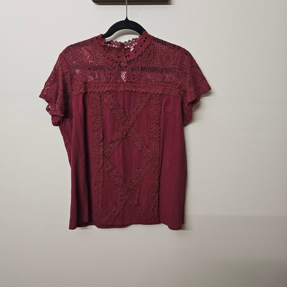 Maroon Red Cotton Blend Blouse Lace Mock Neck Flutter‎ Sleeve Size L
